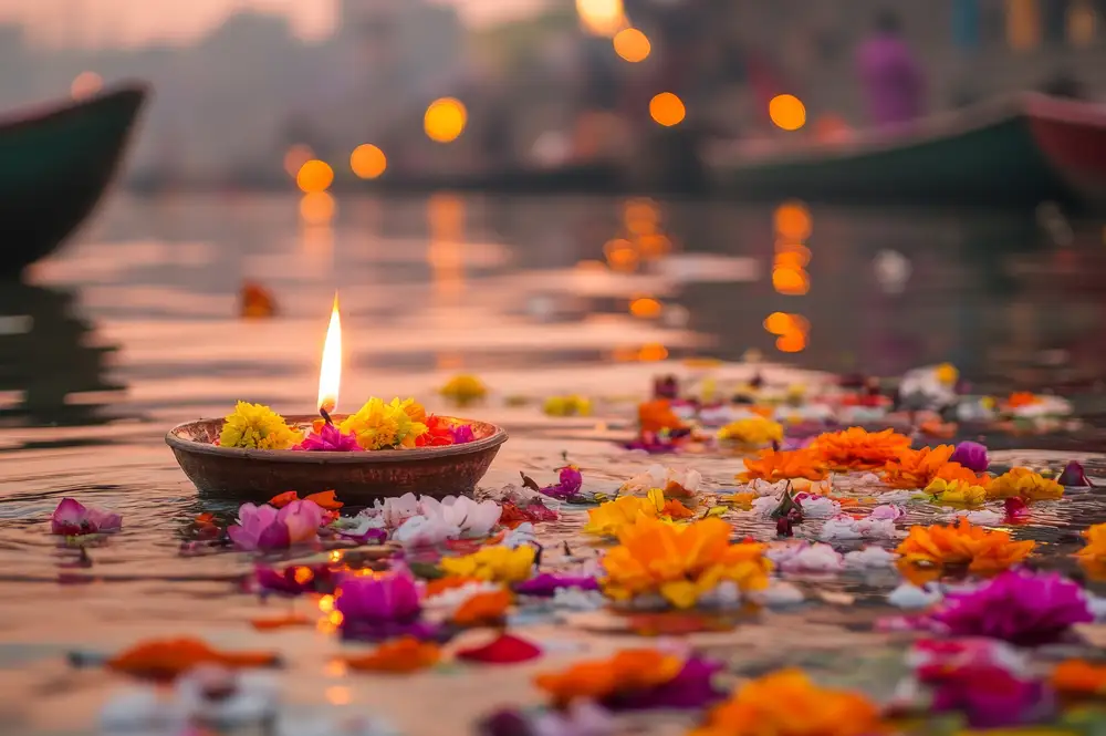 photo of a candle and flower peddles on the water.