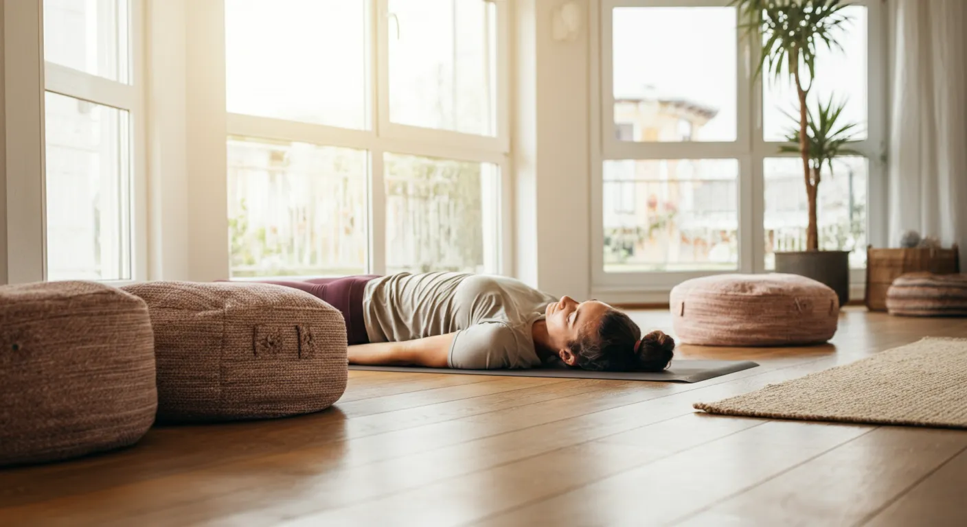 a photo of a woman laying down and resting in yoga.