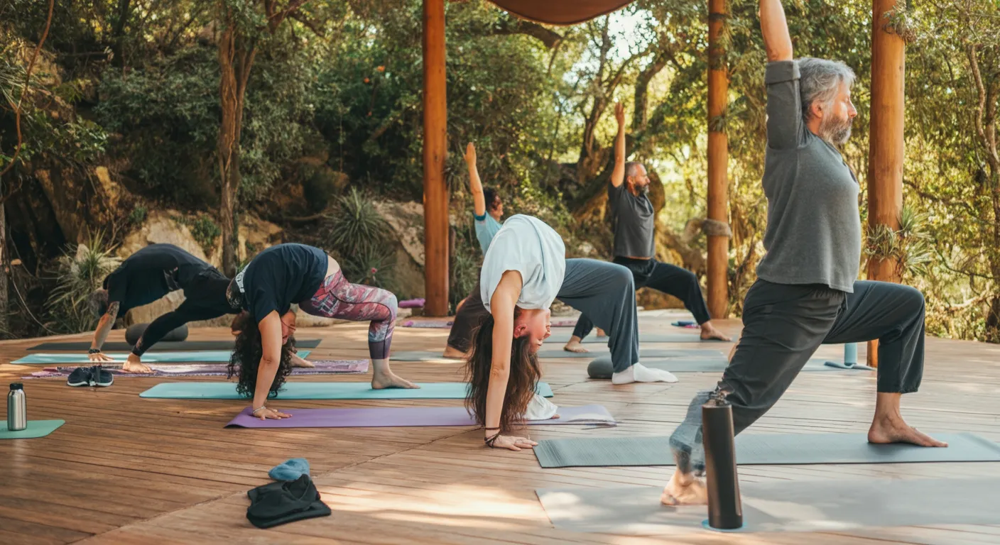 photo of a yoga class with students in different yoga poses.