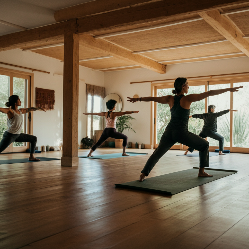 an image of a yoga class doing warrior poses.