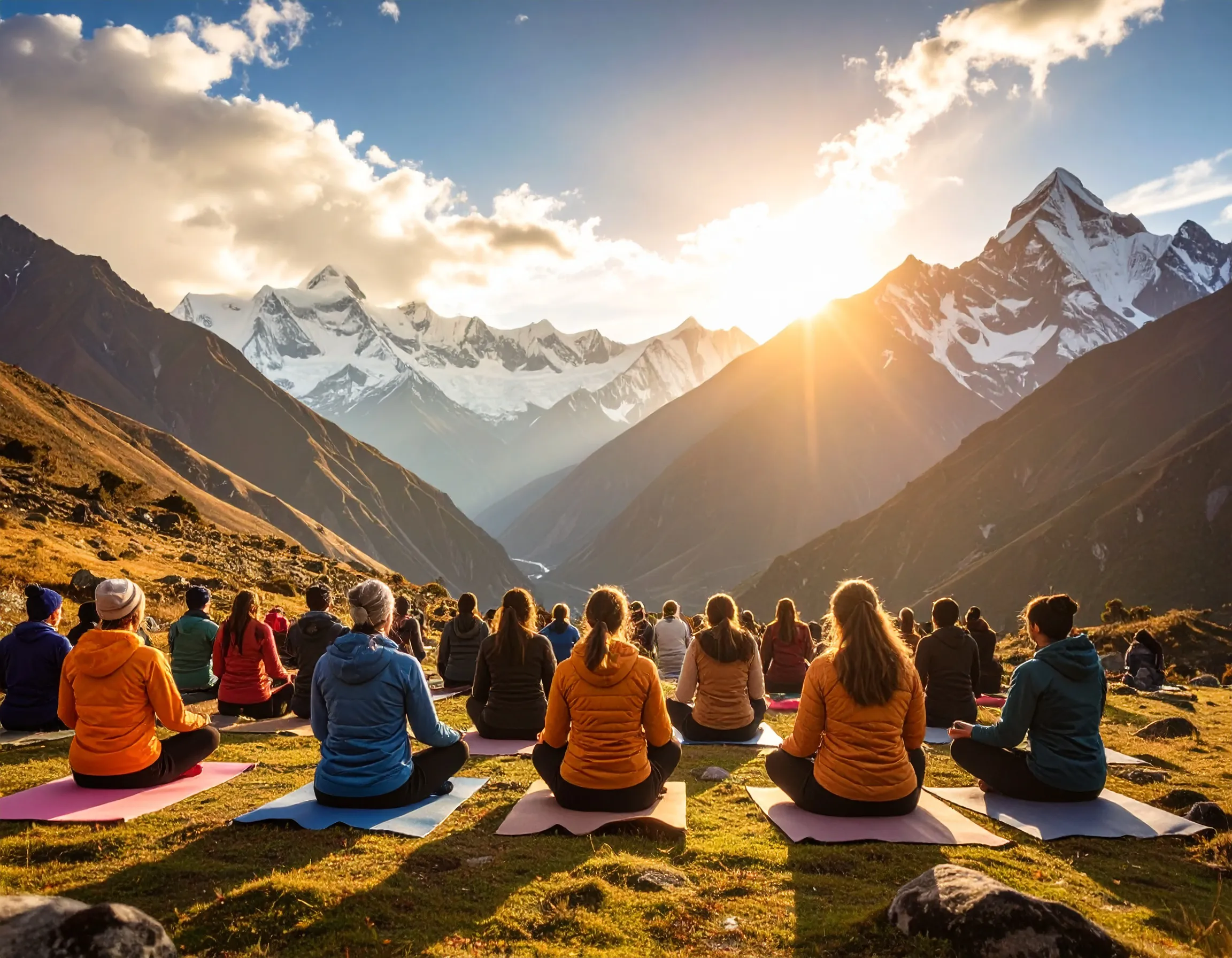 yoga students practicing in high altitude of the rocky mountains.