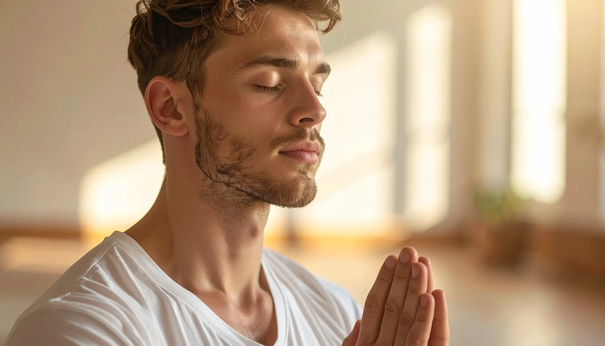 A photo of a yoga student practicing breathing techniques.