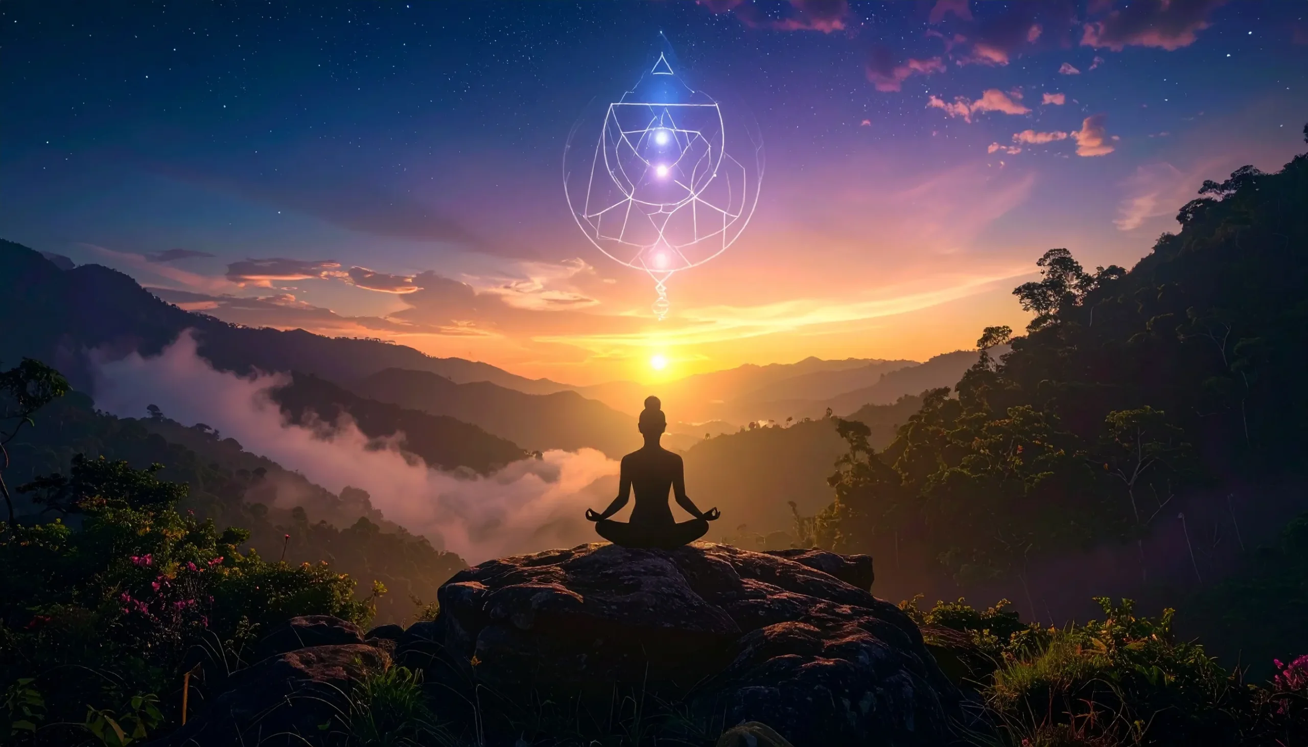 An image of a yogi meditating on a mountain top.